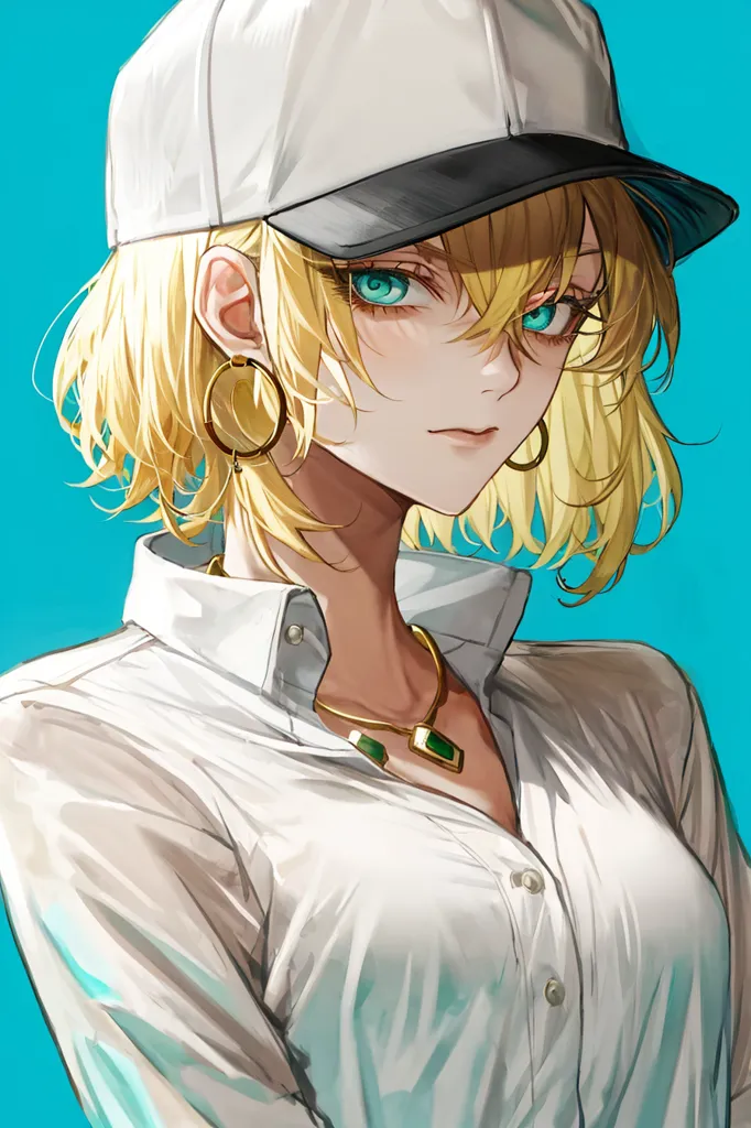 The image is a painting of a young woman with short blonde hair and green eyes. She is wearing a white button-down shirt and a white cap. The shirt is unbuttoned at the collar, revealing a green necklace. She is also wearing hoop earrings. The background is a solid blue color. The woman's expression is serious and confident.