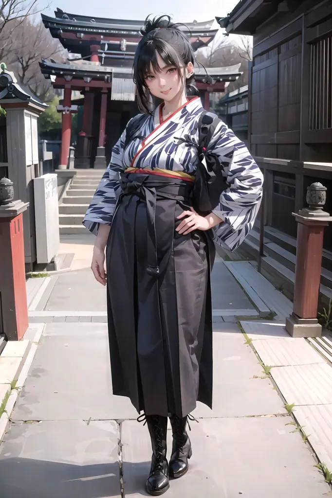 La imagen muestra a una mujer joven que lleva un kimono. El kimono es negro con patrones geométricos blancos y grises. La mujer tiene el cabello negro largo y ojos marrones. Lleva botas negras y un obi rojo. Está de pie en un patio tradicional japonés con edificios de madera y senderos de piedra. Hay una puerta torii roja al fondo.