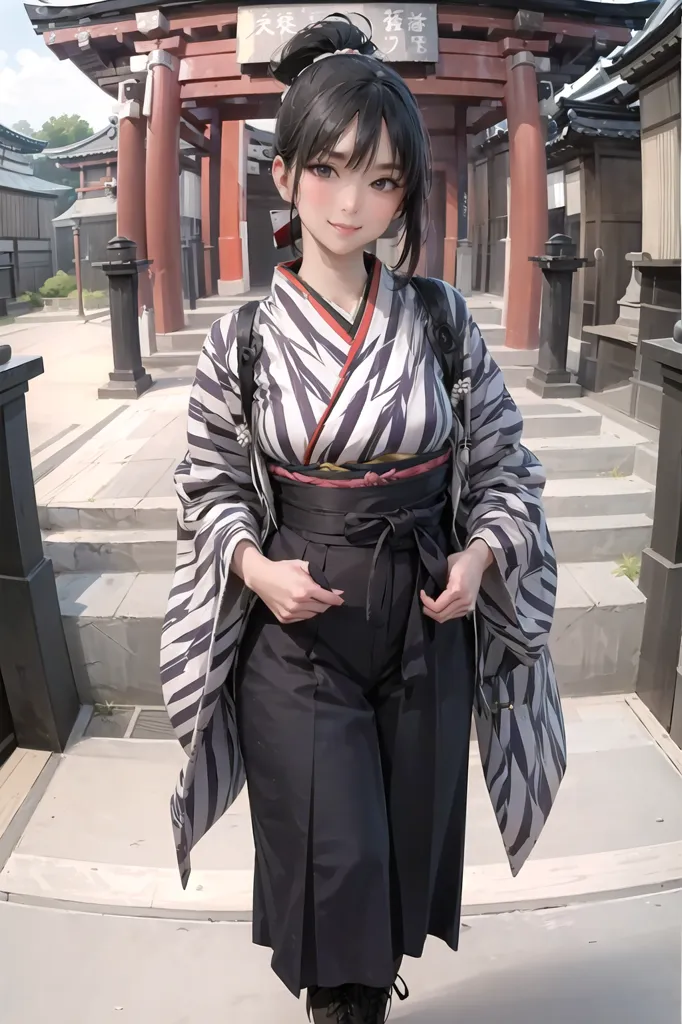 The image shows a young woman wearing a kimono. The kimono is black with white stripes and has a red and white obi. The woman is also wearing black pants and boots. She has her hair in a ponytail and is carrying a backpack. The background of the image is a Japanese street with traditional wooden buildings.