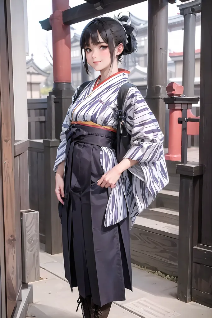 La imagen muestra a una mujer joven que lleva un kimono. El kimono es blanco con rayas grises y un obi rojo y dorado. También lleva una haori negra con un cuello blanco. La mujer tiene el cabello negro y largo recogido en un moño. Lleva botas negras y una mochila roja. La mujer está de pie frente a una puerta de madera. Hay árboles y edificios de fondo. La imagen está dibujada en un estilo realista.