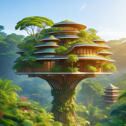 The image shows a futuristic treehouse built on a massive tree. The treehouse is made of wood and has several levels, each with a different purpose. The house is surrounded by lush greenery and there is a small river running in front of it. In the background, there is a mountain range covered in mist.