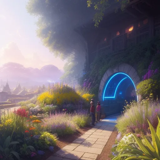 The image is of a garden with a blue portal. The garden is full of flowers and plants and there is a stone path that leads up to the portal. There is a house next to the portal that has people in it. The portal is glowing and there is a bright light coming from it.