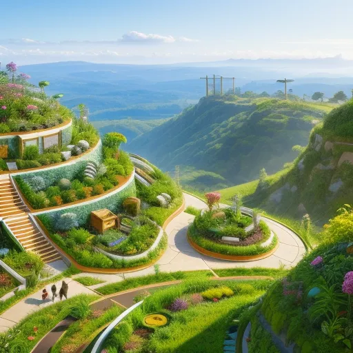 A imagem é uma representação de uma cidade futurista. A cidade é construída em uma série de níveis em terraços, sendo cada nível coberto de vegetação. Existem vários edifícios nos diferentes níveis, todos feitos de materiais naturais e cobertos de plantas. A cidade é cercada por montanhas e há um rio correndo pelo meio dela. O céu está azul e há algumas nuvens. Há duas pessoas caminhando no terraço.