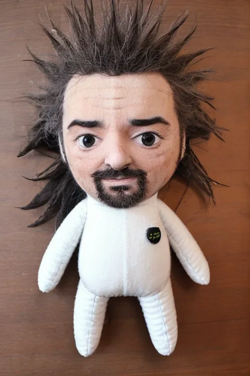 The image shows a doll with a human face. The doll is made of fabric and has a white body. The doll has brown hair and brown eyes. The doll is wearing a white jumpsuit. The doll has a beard and a mustache. The doll is sitting on a brown table.