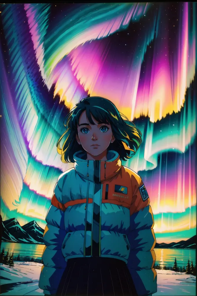 The image is of a young girl standing in a snowy landscape. She is wearing a blue and orange jacket and has short brown hair. The sky is filled with bright, colorful lights. There are mountains in the distance and a lake or river in the foreground. The girl is looking at the lights in the sky with a look of wonder on her face.