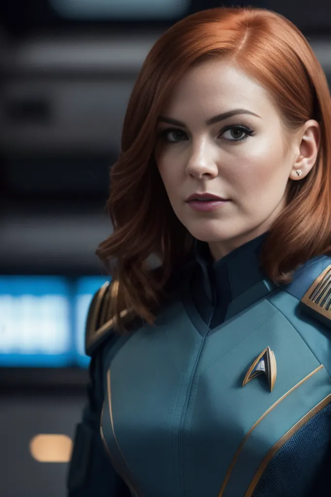 The image shows a young woman with shoulder-length reddish brown hair and light makeup. She is wearing a blue uniform with a gold badge on the left side of her chest. The background is blurry and looks like a spaceship. The woman is looking at the camera with a serious expression.