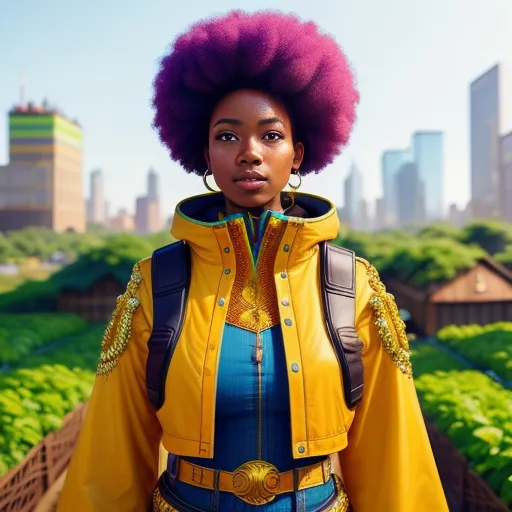 Esta é uma imagem de uma jovem mulher com cabelo afro roxo. Ela está usando um casaco amarelo, uma camisa azul e calças marrons. Ela também está usando um cinto marrom e um colar. Ela está em pé em um campo verde exuberante com uma cidade ao fundo.