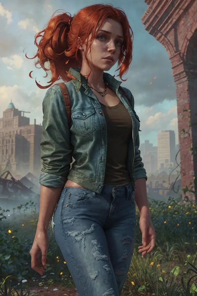 This is an image of a young woman standing in a post-apocalyptic city. She is wearing a blue denim jacket and jeans. The jacket is open, showing a white tank top underneath. She has a brown belt around her waist and a necklace around her neck. Her hair is red and tied back in a ponytail. She is carrying a backpack on her right shoulder. The city is in ruins, with destroyed buildings and overgrown vegetation. The sky is cloudy and there is a hint of sunlight peeking through the clouds.