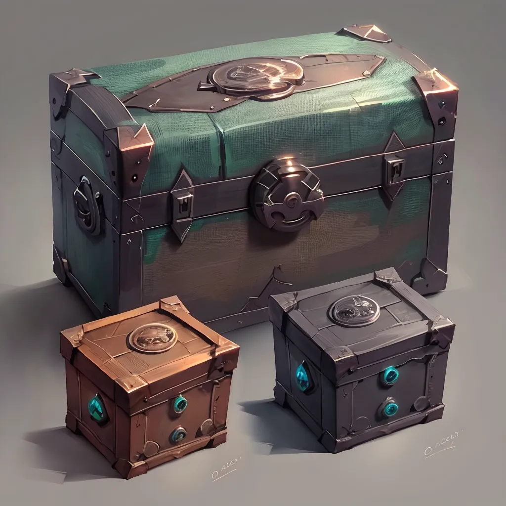 The image shows three chests of different sizes. The largest chest is made of wood and has a green cloth top. It is decorated with metal bands and has a large lock on the front. The two smaller chests are made of metal and have blue gems on the front. The smallest chest is made of bronze while the middle chest is made of steel.