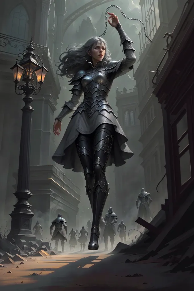 A woman in medieval armor is standing in a ruined city. She is wearing a silver breastplate, a white skirt, and black boots. She has long white hair and a stern expression on her face. She is holding a chain in her right hand. In the background, there are several men in black armor. They are all armed with swords and shields. The woman is standing on a pile of rubble. The city is in ruins. There are broken buildings and debris everywhere. The sky is dark and cloudy.