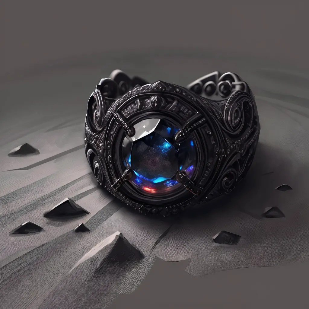 La imagen es un renderizado 3D de un anillo de metal negro con una gran gema azul en el centro. La gema está rodeada de intrincados tallados y el anillo en sí tiene un diseño único. El anillo parece estar sobre una superficie oscura, tal vez una roca o una pieza de metal. El fondo es de un gris oscuro y el anillo es el único objeto de la imagen.