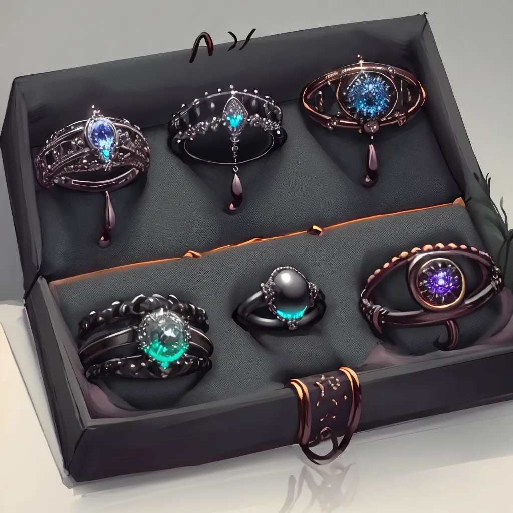 The image is of a black jewelry box with six rings in it. The rings are made of silver and gold and are set with various gemstones. The gemstones are blue, green, and purple. The rings are all different sizes and shapes. One ring is in the shape of a crown and another has an eyeball in the center. The box is open and the rings are displayed on a black velvet cloth.