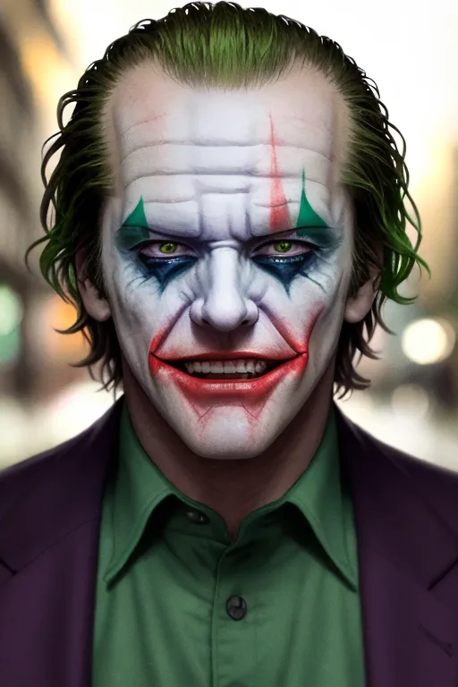 The image shows a man with a clown-like makeup on his face. He has green hair, a white face, and red lips. He is wearing a purple suit and a green shirt. He has a creepy smile on his face and is looking at the viewer. The background is blurred.