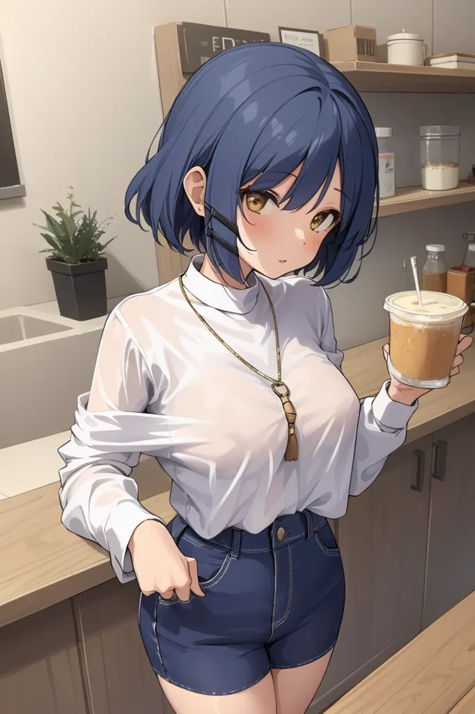 The image shows a young woman with blue hair and yellow eyes. She is wearing a white blouse, blue jeans shorts, and a brown necklace. She is standing in a kitchen, holding a glass of iced coffee in her right hand and has the other hand in her pants pocket. There is a plant on the counter behind her.