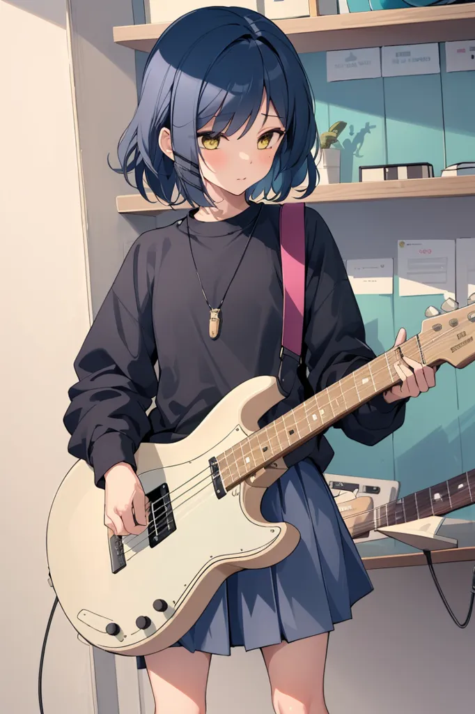 The image shows a young girl with blue hair and yellow eyes playing a white bass guitar. She is wearing a black sweater, a gray skirt, and a pink necklace. There are papers and books on the shelf behind her, and two guitars on the floor. The girl is standing in a room with white walls and a wooden floor.