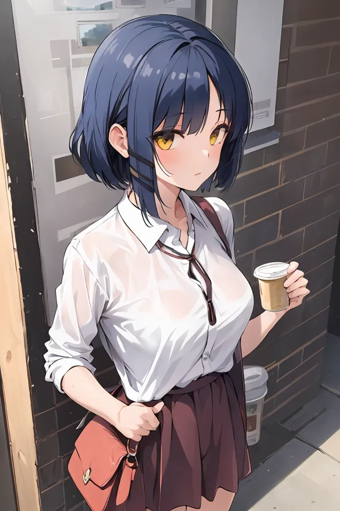 The image depicts a young woman standing in front of a brick wall. She has short blue hair and yellow eyes. She is wearing a white button-down shirt that is wet and slightly transparent, a brown skirt, and a red handbag. She is holding a coffee cup in her right hand.