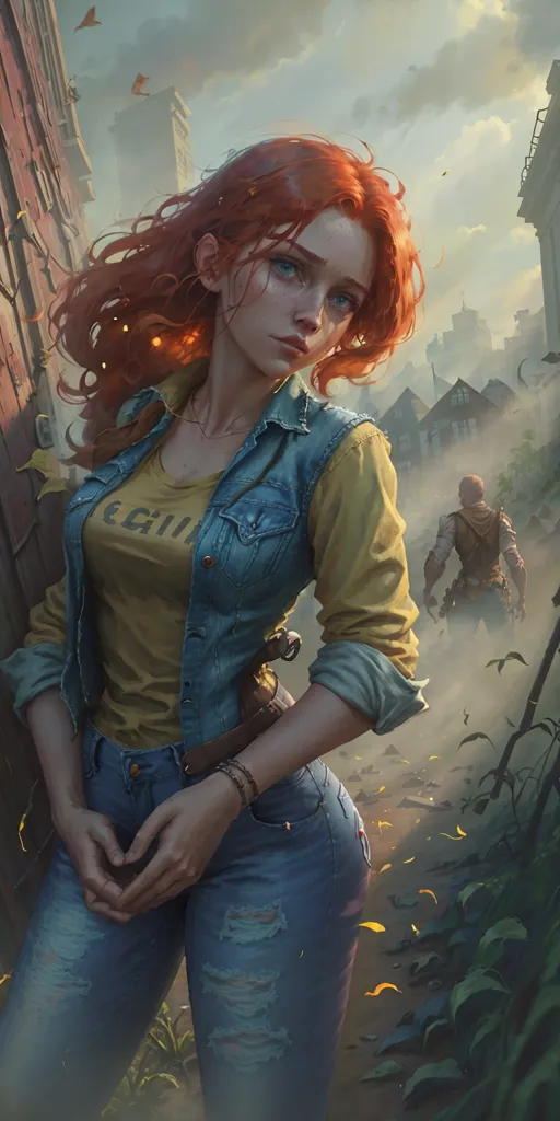 This is an image of a young woman standing in a post-apocalyptic city. She is wearing a yellow t-shirt, a denim vest, and jeans. She has long red hair and blue eyes. She is looking at the man in the distance. The city is in ruins and there are no other people visible.