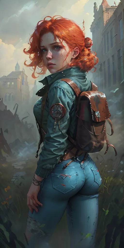 This is an image of a young woman standing with her back to the viewer. She has long red hair tied in a bun, and is wearing a green jacket, blue jeans, and a brown bag over her shoulder. She is standing in a post-apocalyptic city, with ruined buildings and debris all around her. The sky is grey and cloudy.