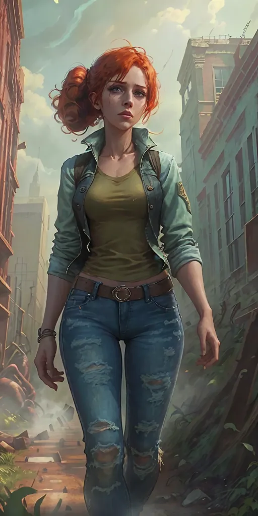 Ceci est une image d'une jeune femme, probablement dans la vingtaine, aux longs cheveux roux et aux yeux verts. Elle porte un débardeur vert, un jean bleu et une veste en jean bleu. Elle a une ceinture marron et il y a un patch sur sa veste avec une aile dessus. On dirait qu'elle se trouve dans une zone urbaine, peut-être dans une ville. Il y a des bâtiments et des débris en arrière-plan. Le ciel est nuageux et il y a une pointe de vert dans le ciel.