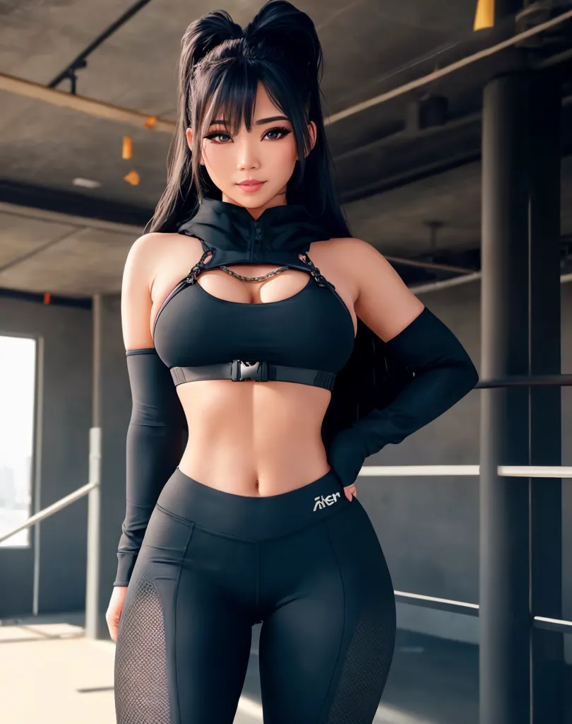 The image shows a young woman with long black hair and brown eyes. She is wearing a black sports bra and black leggings. The sports bra has a zipper in the front and a cutout at the top. The leggings are high-waisted and have a mesh panel at the bottom. She is also wearing black sneakers. The woman is standing in a gym, and there is a barbell behind her. She has her hands on her hips and is looking at the camera with a confident expression.