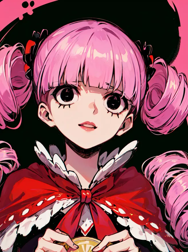 The image is a portrait of a young girl with pink hair and red eyes. She is wearing a red cape with a white collar and a large red bow. The girl's expression is serious and slightly melancholic. She seems to be lost in thought, contemplating something important. The background is dark, with a few faint stars visible.