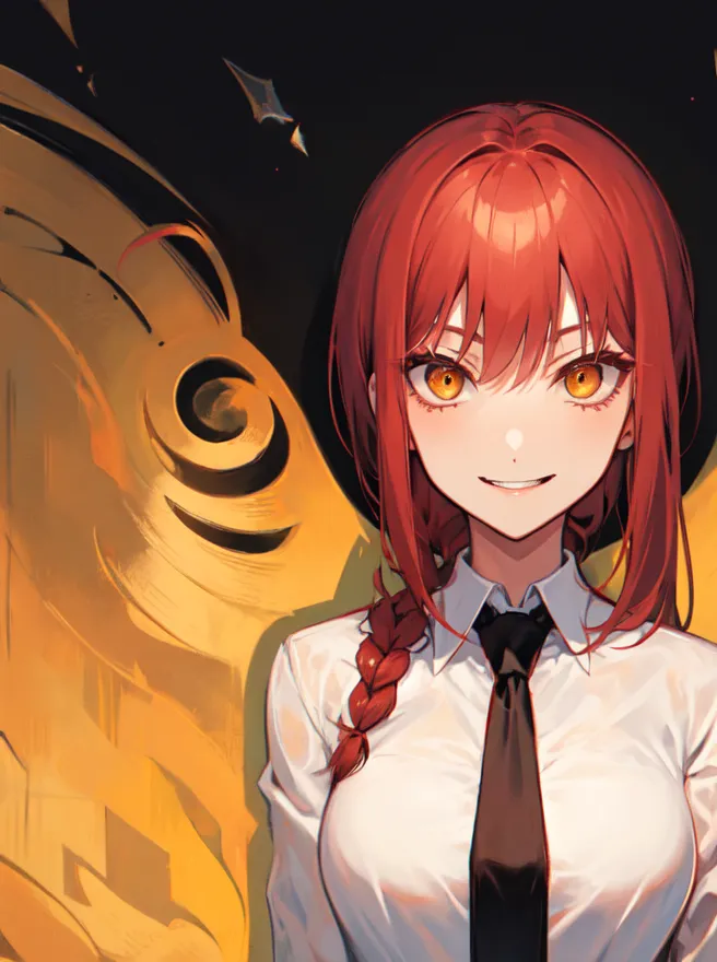 This is an image of a young woman with red hair and yellow eyes. She is wearing a white shirt and a black tie. She has a braid in her hair. She is smiling and has a confident expression on her face. She is standing in front of a dark background with a yellow circle in the center.