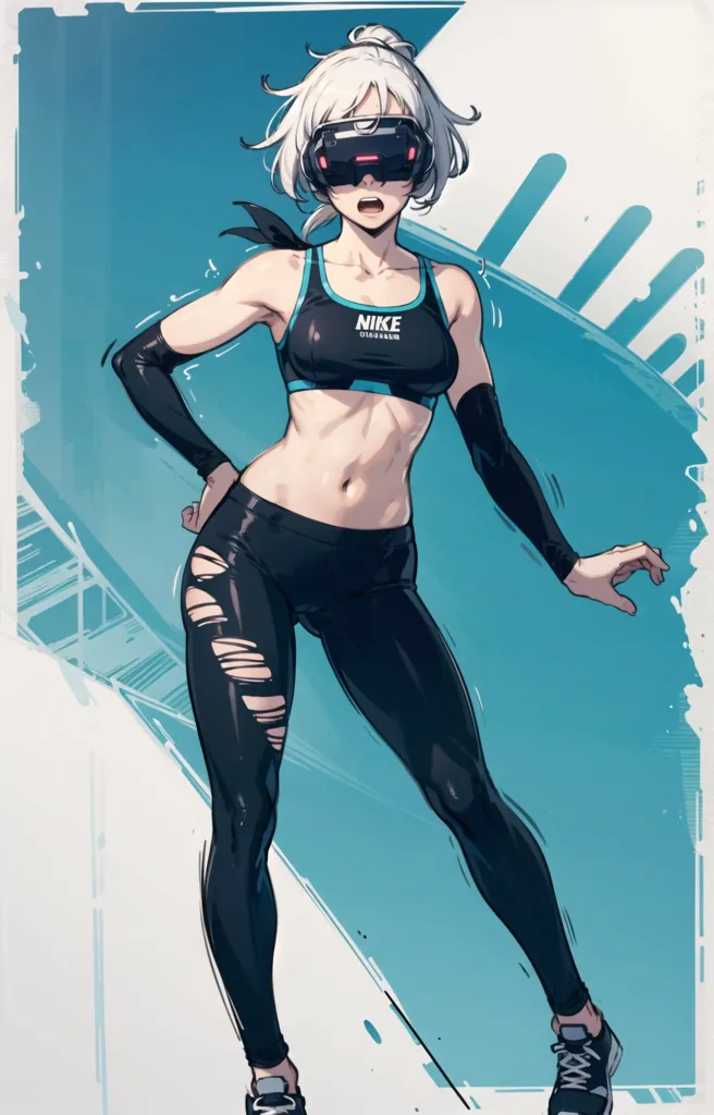 This is an image of a woman wearing a black and blue sports bra and black leggings. She has white hair and blue eyes. She is wearing a virtual reality headset and has a surprised expression on her face. She is standing in a blue background with a white outline.