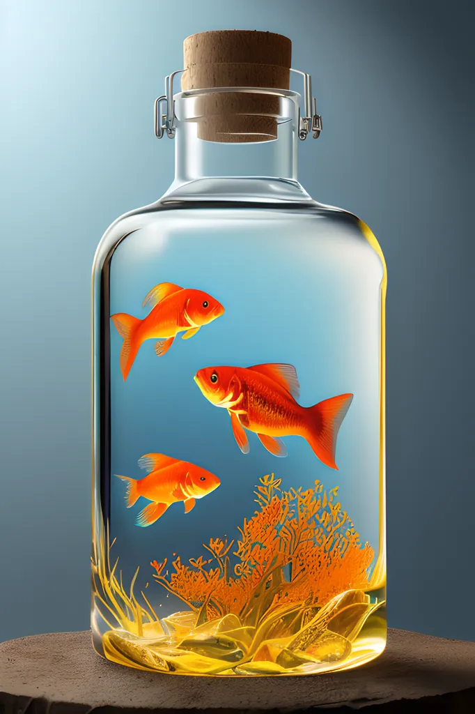 Esta es una pintura digital de tres peces de colores en una botella de cristal. La botella está medio llena de agua y los peces están nadando a su alrededor. La botella está colocada sobre una mesa marrón. El fondo es de color azul claro. La pintura está hecha en un estilo realista y los peces están muy detallados. Los peces naranjas son de diferentes tamaños y formas, y están nadando en diferentes direcciones. El agua es clara y se puede ver el reflejo de los peces en la superficie. La botella también es transparente y se pueden ver los peces nadando en su interior. La pintura es muy tranquila y apacible.