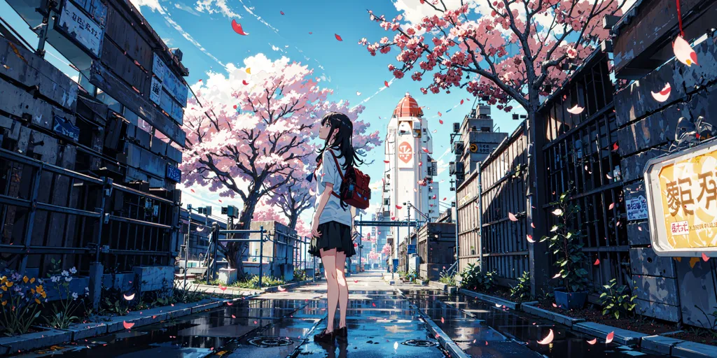 The image is set in a post-apocalyptic city. The streets are empty and overgrown with weeds, and the buildings are in ruins. There is a large cherry tree in the middle of the street, and its branches are covered in pink blossoms. A girl is standing in the street, looking at the cherry tree. She is wearing a white shirt, a black skirt, and a red backpack. Her hair is long and black, and her eyes are dark brown. She is holding a book in her hands. The image is peaceful and serene, and it captures the beauty of the cherry blossoms in the midst of the destruction.