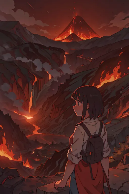 A imagem é de uma menina em pé em um penhasco, olhando para um vulcão. O vulcão está em erupção e a lava está escorrendo pela encosta da montanha. A menina está usando uma mochila e uma camisa branca. Ela tem cabelos curtos e castanhos. O céu está escuro e as nuvens estão vermelhas. A imagem é pós-apocalíptica.