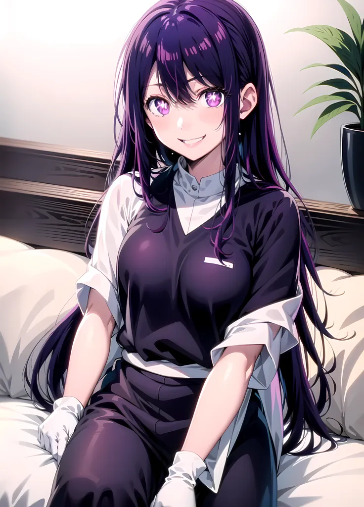 The image shows a young woman with purple hair and purple eyes. She is wearing a purple and white uniform. She is sitting on a bed, with a plant in the background. She has a gentle smile on her face.