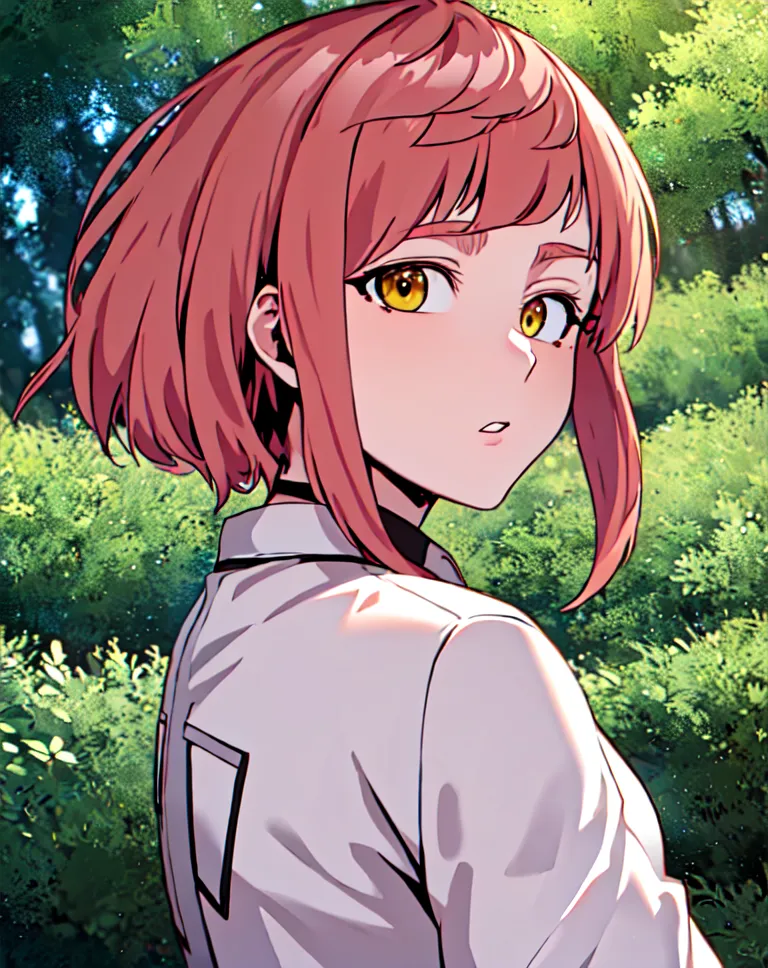 The image shows a girl with pink hair and yellow eyes. She is wearing a white shirt and is looking back at the viewer. She is standing in a forest and there are green leaves in the background. The girl has a serious expression on her face.