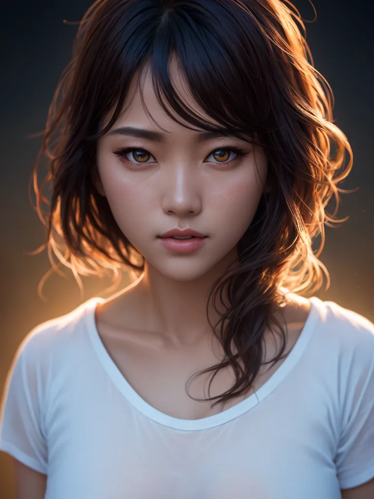 The image is a portrait of a young Asian woman. She has long, dark brown hair with bangs that are swept to the side. Her eyes are almond-shaped and a light brown color, and her skin is fair. She is wearing a white T-shirt. The background is a dark color. The woman is looking at the viewer with a slightly raised eyebrow, as if she is questioning or challenging them.