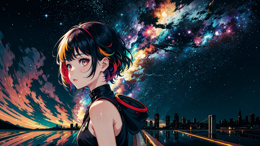 The image is of a young woman standing on a rooftop at night. She has short black hair with rainbow-colored tips and is wearing a black tank top and shorts. She is looking out at the city, which is in the distance. The sky is dark and full of stars, and there are clouds in the distance. The image is in an anime style, and the woman is drawn in a realistic way.