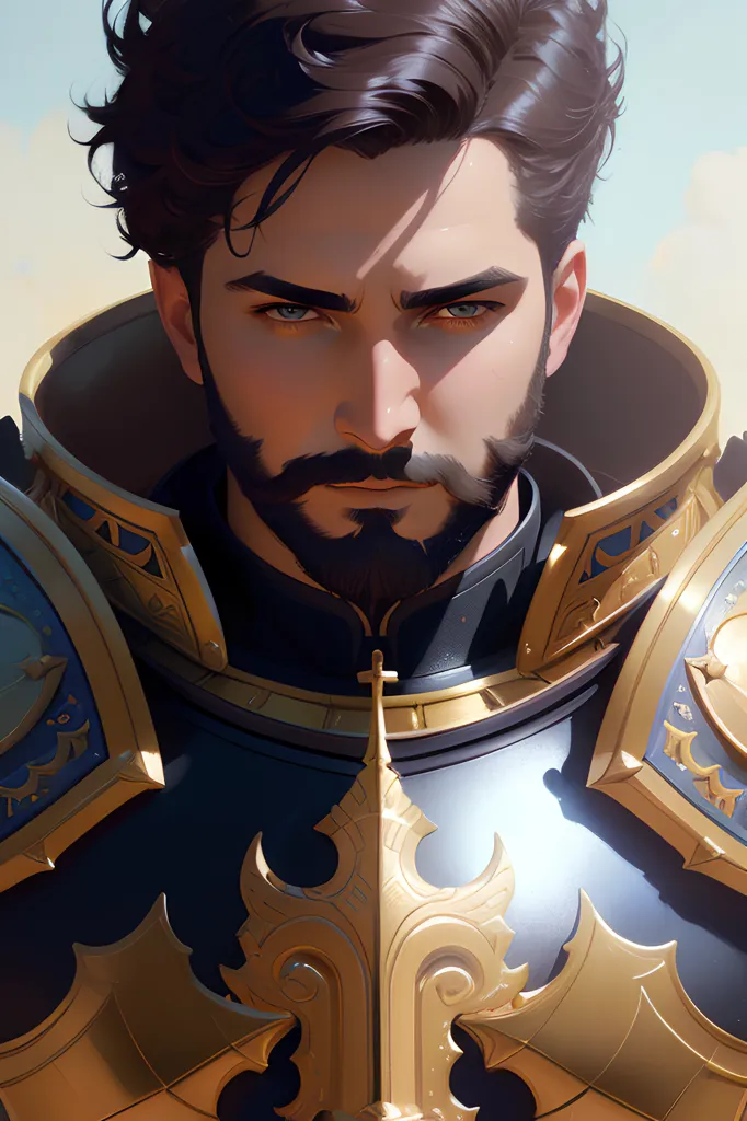 This image shows a man with dark hair and a beard. He is wearing a suit of armor that is gold and blue. The armor has intricate designs on it. The man's expression is serious.