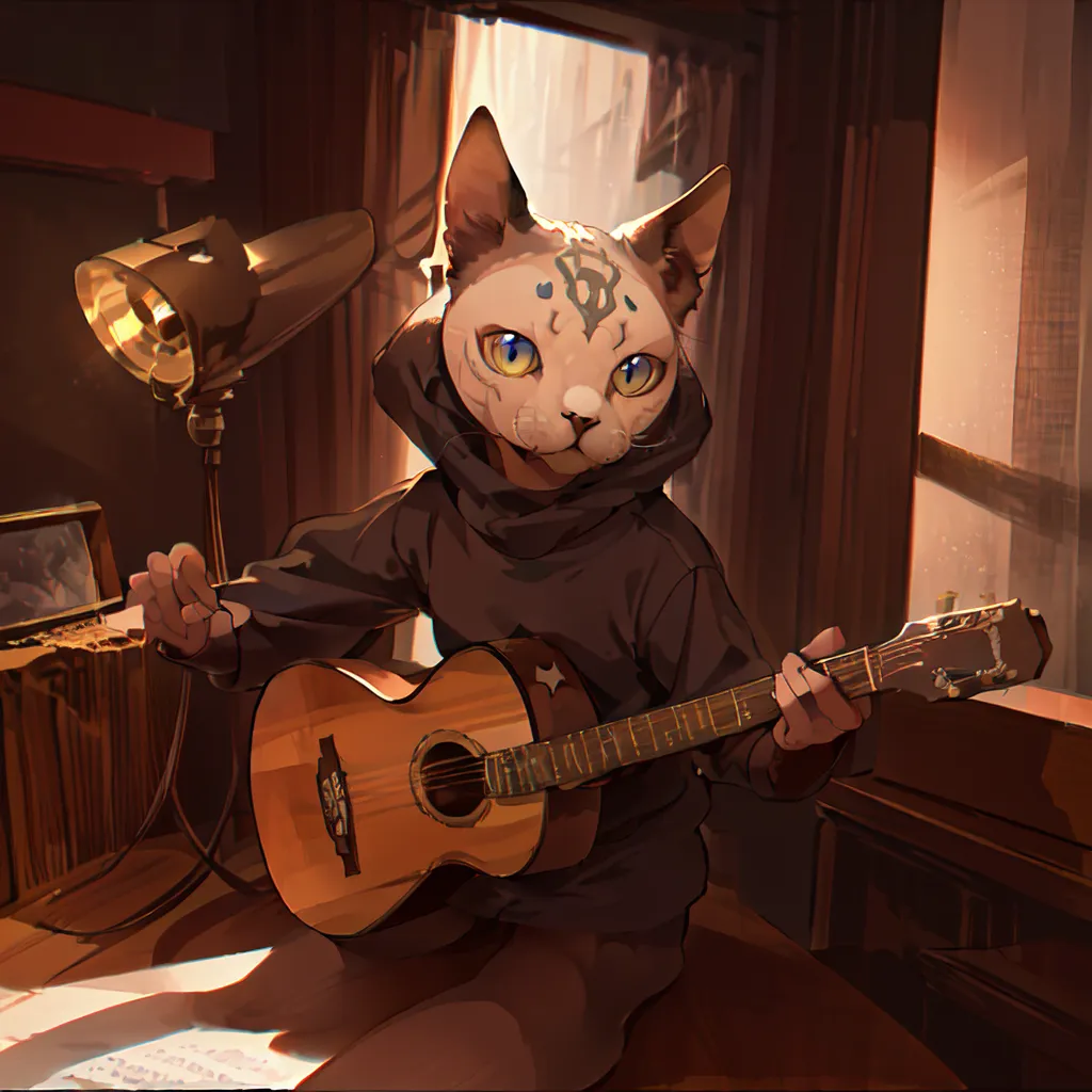 A imagem é uma pintura de um gato usando um capuz preto e tocando um violão acústico. O gato está sentado em um banquinho em frente a uma janela. Há uma lâmpada do lado esquerdo do gato e alguns papéis no chão. O gato tem os olhos fechados e está sorrindo. A pintura é feita em um estilo realista e as cores são amortecidas.