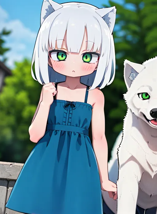 La imagen es de una niña joven con el cabello blanco y ojos verdes. Ella está usando un vestido azul y tiene una criatura parecida a un lobo con ojos verdes y pelaje blanco de pie a su lado. La niña está de pie en un campo de hierba y hay árboles y casas en el fondo. La niña tiene una expresión seria en su rostro y está mirando a la criatura parecida a un lobo. La criatura parecida a un lobo la está mirando con una expresión feliz en su rostro.