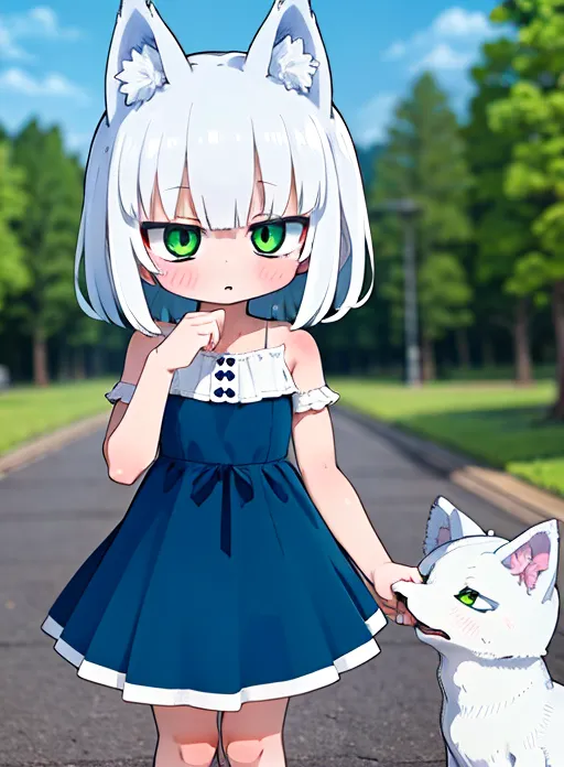 The image is of a young girl with white hair and green eyes. She is wearing a blue dress with a white collar and has a white fox-like tail. She is also holding a white fox-like creature by the hand. The girl is standing in a park with trees and a blue sky in the background.