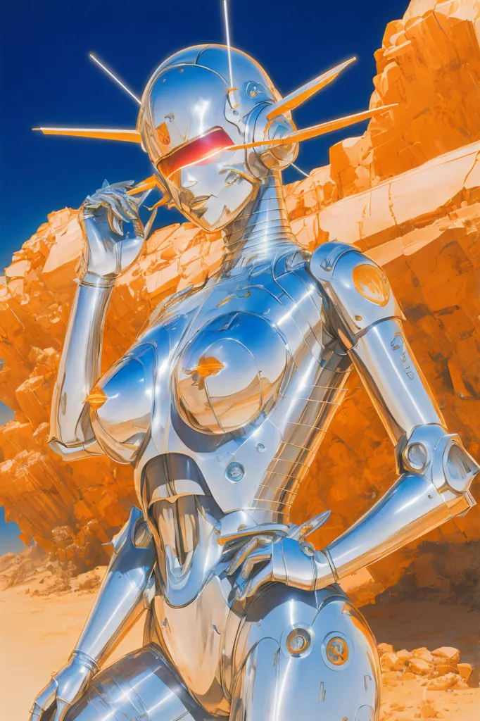 This is an image of a robot woman. She is standing in a desert landscape. She is made of silver metal and has a shiny surface. Her eyes are red and she is wearing a black bodysuit. She is also wearing a silver helmet with a red visor. She is standing in a relaxed pose with one hand on her hip and the other holding a cigarette. There are large rocks and mountains in the background. The sky is blue with a few clouds.