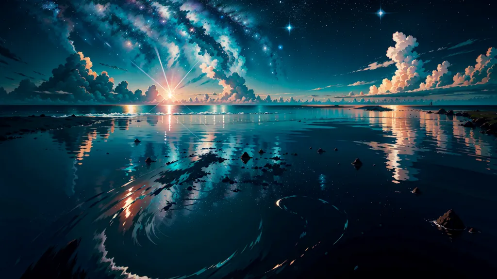 The image is a beautiful landscape of the sea at night. The sky is dark and filled with stars. There are some clouds in the sky. The sea is calm and reflects the light of the stars and the moon. There is a small island in the distance. The overall color of the image is blue. The image is very peaceful and serene.