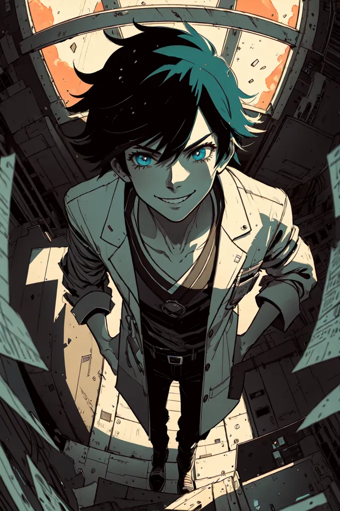 This is an illustration of a young man with blue hair and eyes. He is wearing a white lab coat over a black shirt and pants. He has a confident smile on his face. He is standing in a room that is full of debris. There are broken machines and papers strewn all around him. The room is lit by a bright light that is coming from the top.