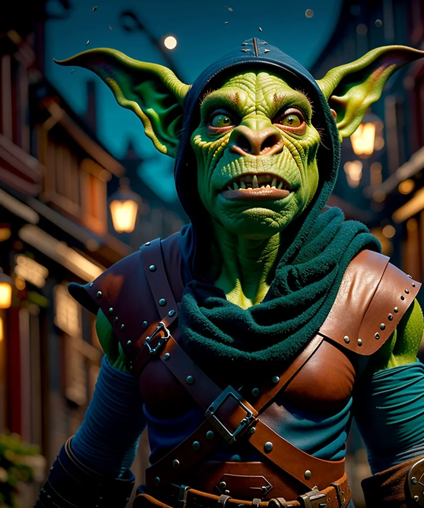 The image is a 3D rendering of a green goblin. The goblin is wearing a brown leather jerkin and a green hood. It has a large grin on its face and is looking at the viewer with its yellow eyes. The background is a blurred image of a medieval street with a few lights in the distance.