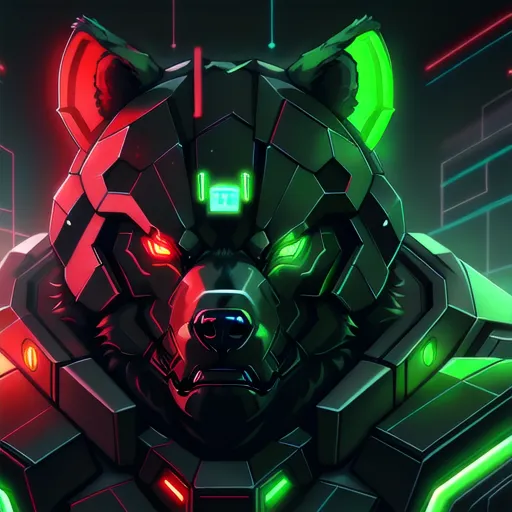 The image is a digital painting of a bear. The bear is standing on a dark background with a red and green light. The bear is wearing a suit of armor and has a glowing green eye. The bear is looking at the viewer with a fierce expression.