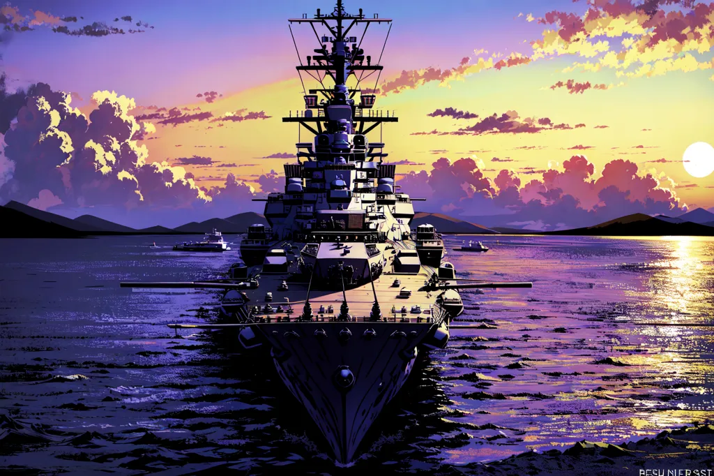 The image shows a large battleship at sea. The ship is in the foreground, with a large island superstructure and a number of guns visible. The ship is surrounded by smaller ships, which are likely to be escorts. The sea is calm, with a few small waves visible. The sky is orange and purple, with a few clouds visible. The sun is setting, and the sky is reflecting off the water. The image is in a realistic style, and the details of the ship and the sea are clearly visible.