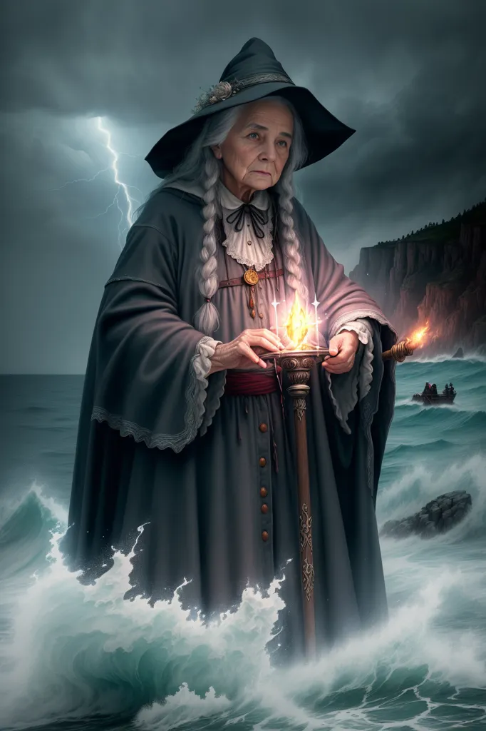 The image shows a tall, old woman standing on the surface of the ocean. She is wearing a dark gray robe with a white collar and a tall, pointed hat. Her long white hair is flowing in the wind. She is holding a staff with a glowing orb at the top. The background is a stormy sea with lightning in the distance.