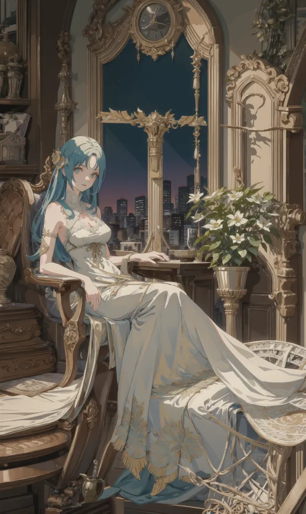 The picture shows a young woman with long blue hair sitting on a chair in a richly decorated room. She is wearing a white dress with a long train. The dress is decorated with gold and silver thread. The woman is looking out the window at a cityscape. There is a vase of flowers on the table next to her.