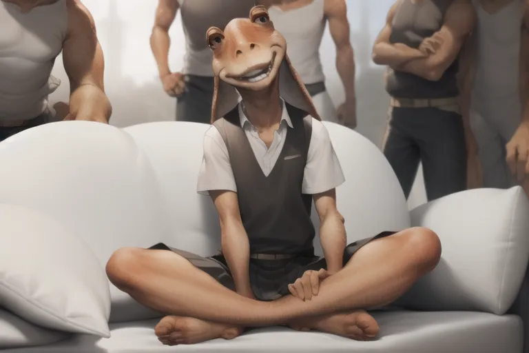 The image shows a Gungan male sitting on a white couch with his legs crossed. He is wearing a white shirt, brown vest, and no shoes. He has a sly expression on his face and is looking at the viewer. In the background, there are several human males standing with their arms crossed, looking at him with disgust.