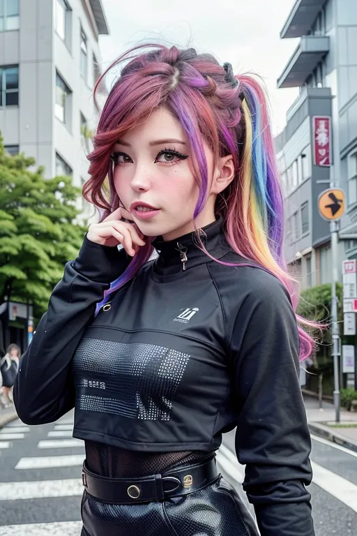 The image shows a young woman with pink and blue hair, wearing a black turtleneck crop top with a colorful pattern and black pants. She has a black belt on and her hands are near her face. She is standing on a crosswalk in a city, with buildings in the background.