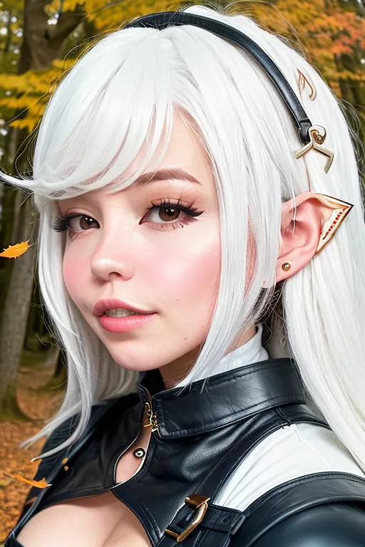 The image is a portrait of a young woman with long white hair, brown eyes, and pointed ears. She is wearing a black leather jacket with a white collar and gold accents, and has a pair of gold earrings in her left ear. She is standing in a forest, with trees with orange leaves in the background.