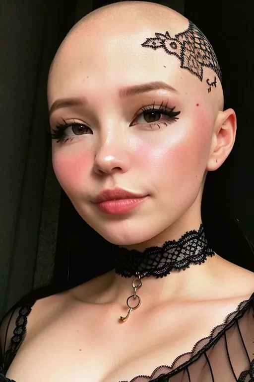 The image shows a young woman with a shaved head and a black lace tattoo on the right side of her head. The tattoo starts at her hairline and goes down to her eyebrow. She is wearing a black choker with a silver pendant. Her makeup is natural with a light pink blush and eyeshadow. She has black eyeliner and false eyelashes. Her lips are a glossy pink.